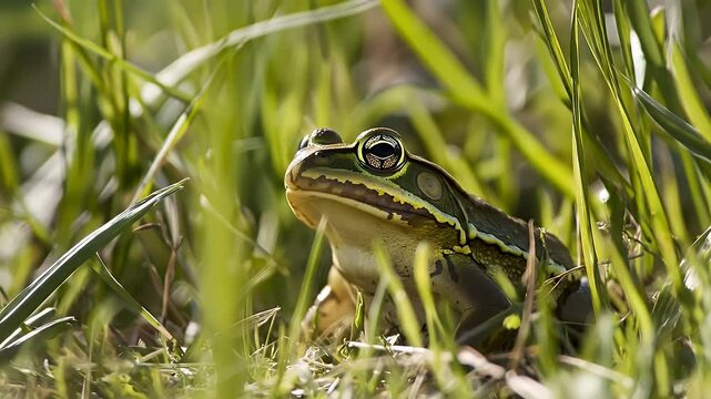 Green Frog Sitting in Tall Grass Under Bright Sunlight Detailed Close Up Wildlife Photography