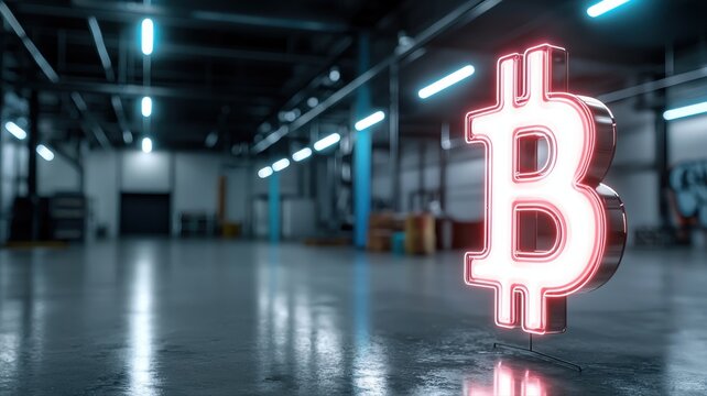 Bitcoin Neon Sign in Modern Industrial Warehouse bitcoin neon sign warehouse industrial modern light
