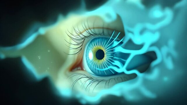 Close up of a blue eye with a wave coming out of it