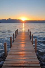 Obraz premium Serene sunrise over tranquil lake dock