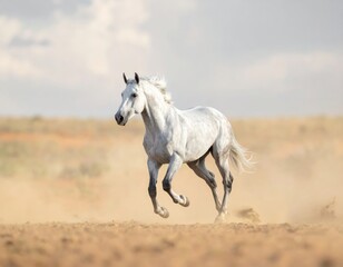 Fototapeta premium A majestic white horse gallops across a dusty landscape, embodying grace and freedom under a cloudy sky