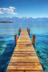 Obraz premium Tranquil wooden pier extending into a crystal-clear lake, mountains in the background