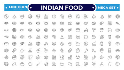 Indian Food Doddle icon Set, Line art for delicacy clip-art, Sweet and Salty Dishes icon set. Editable stroke outline icon.
