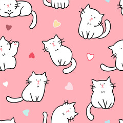 Seamless Pattern with Cartoon Cat and Heart Design on Pink Background. Hand Drawn Vector Illustration.