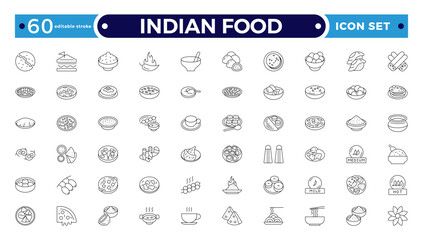 Indian Food Doddle icon Set, Line art for delicacy clip-art, Sweet and Salty Dishes icon set. Editable stroke outline icon.

