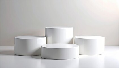 Minimalist display of four white cylindrical pedestals arranged on a smooth surface against a light background, creating a modern aesthetic