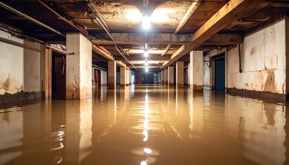 Fototapeta premium A flooded basement with murky water reflecting overhead lights, showing signs of water damage and neglect in an industrial setting