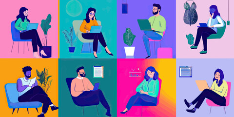 Fototapeta premium Diverse group remote team members working on laptops and tablets in colorful modern home office settings with plants and graphs flat vector illustration
