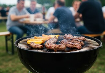 Outdoor Grill with Sausage and Potato Wedges in Summer Picnic Setting