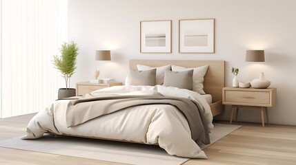 Simple modern bedroom with calming neutrals, light wood side table, linen bedding, and textured gray structure, 3d render
