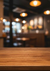 Blurred Background Restaurant Interior with Wood Table Bokeh Lights