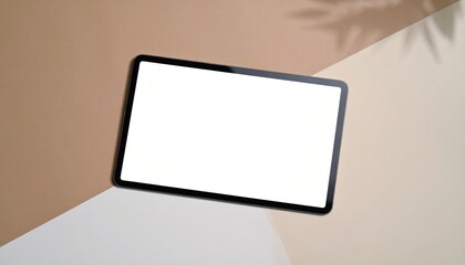 A blank tablet rests on a beige surface, showcasing a minimalist design with a soft shadow, perfect for showcasing digital content or design work