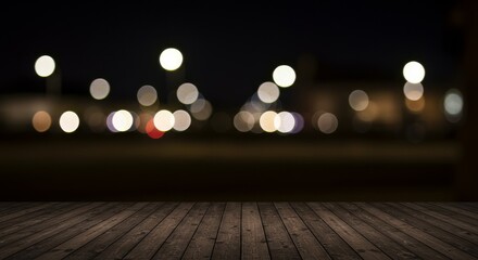 Blurred City Lights Over a Dark Brown Wooden Table Surface