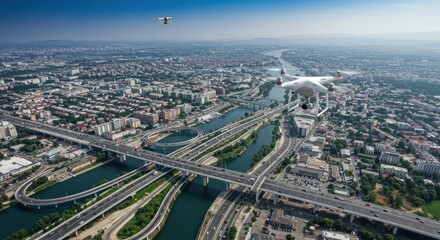 Obraz premium Aerial view of a city with rivers bridges and buildings under a hazy sky.