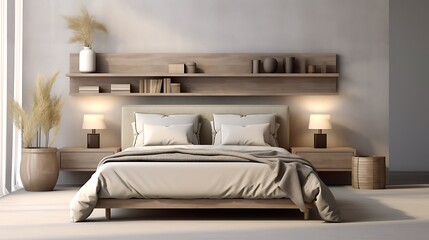 Soft natural bedroom with gray textured surroundings, tan bedding, fabric headboard wall, and open shelf design, 3d render