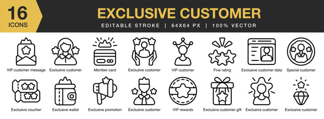 Exclusive Customer icon set. Editable Stroke Icon Collection. Includes customer, exclusive, reward, quality, star, benefit, and More. Outline icons vector collection