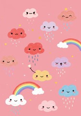 Pastel Color Cute Clouds and Rainbows Illustration on Pink Backdrop
