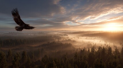 Fototapeta premium Majestic Eagle Soaring Over Misty Forest Landscape During Golden Hour at Dawn with Vibrant Sky and Rolling Fog