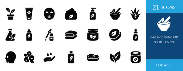 Fototapeta premium Minimal organic skincare icon set in solid black style. Includes cream, serum, face mask, essential oil, herbal lotion, aloe vera, and beauty elements. Perfect for cosmetics and wellness use.