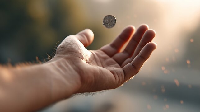 Coin flip in sunlight A hands toss
