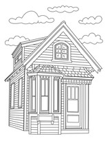 Black and white art line. Coloring page of classic vintage wooden house and sky object for children
