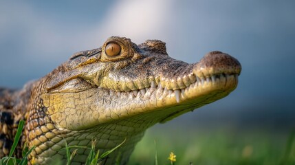 Fototapeta premium Close-up View of a Crocodile Featuring Its Detailed Textured Skin and Sharp Teeth Against a Soft Blurred Background