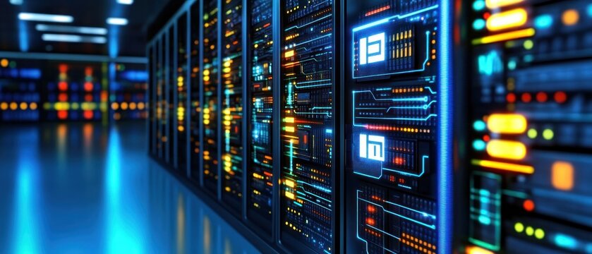 High-Tech Server Room:  Illuminated Data Center Infrastructure