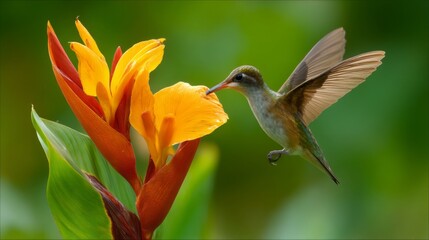 Fototapeta premium Vibrant Hummingbird Hovering Near Bright Orange Flower in Lush Green Background