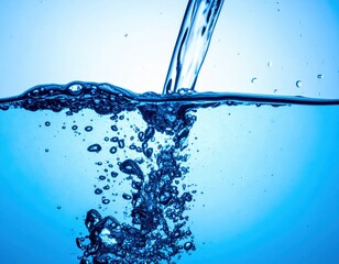 A stream of clear water creates bubbles and ripples, illustrating the beauty and movement of liquid in a serene blue environment