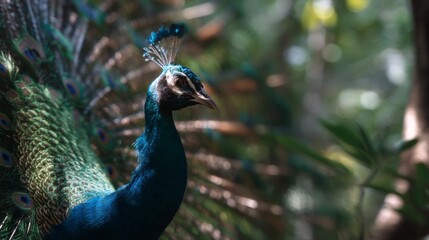 Fototapeta premium Vibrant Peacock Displaying Majestic Feathers in a Lush Green Jungle Environment Under Soft Natural Light
