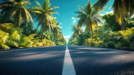 Fototapeta premium Road lined in Palm Trees,coastal boulevard lined with tall palms on the beach,Beach paradise,Summer beach vibes,Holliday road trip by vehicle.