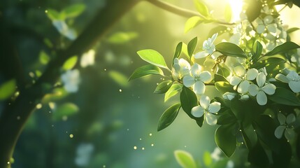Blooming spring flowers illuminated by sunlight.