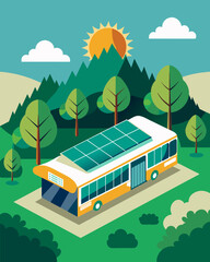 The solarpowered bus depot is situated in a remote area surrounded by lush greenery showcasing its commitment to sustainable practices.. Vector illustration