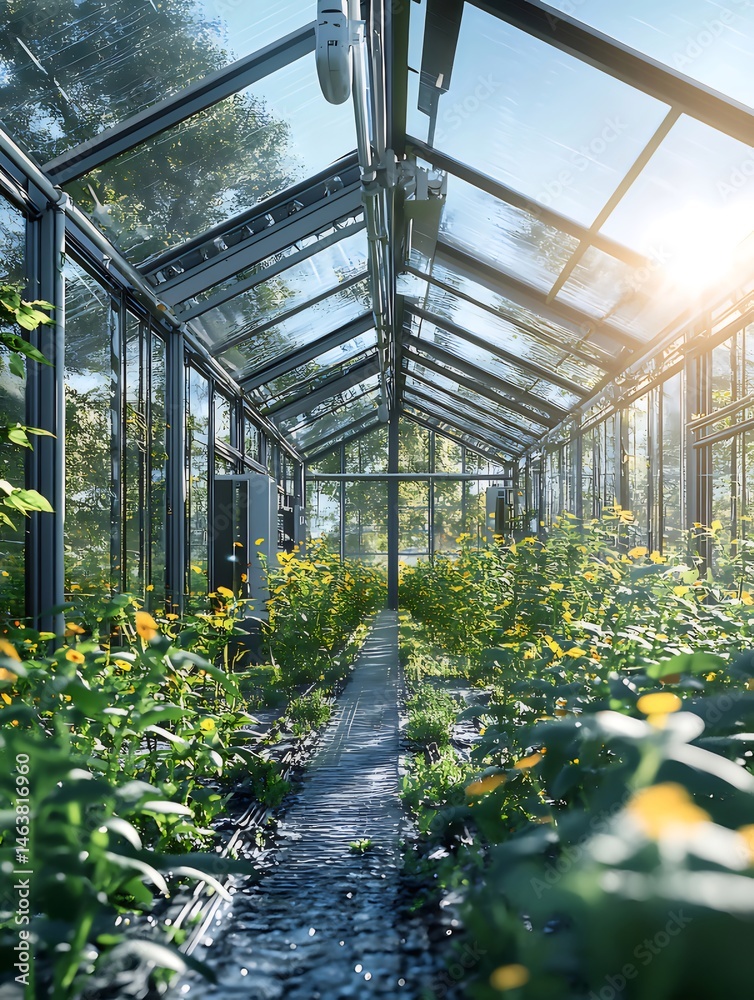 Aufkleber 日光が差し込むガラス温室で栽培された緑豊かな植物と黄色い花の通路 庭の背景を持つ植物の屋内栽培