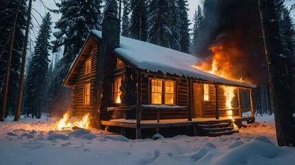 A snow covered log cabin engulfed in flames with a snowy forest in the background at nighttime