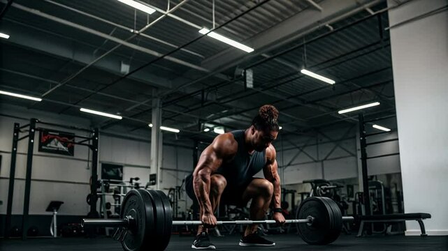 Muscular man performing deadlift exercise in gym