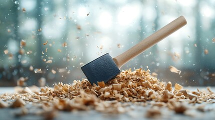 Mallet hitting wood chips with blurred background, carpentry concept