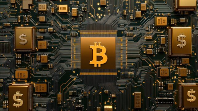 Bitcoin Cryptocurrency Digital Currency in Circuit Board