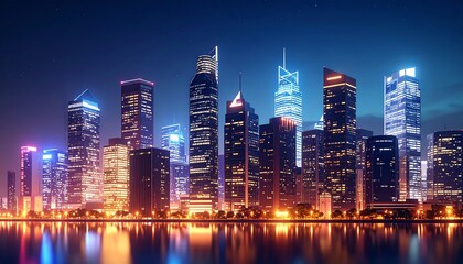 Fototapeta premium A vibrant city skyline at night, showcasing illuminated skyscrapers reflecting in the water, creating a beautiful urban landscape