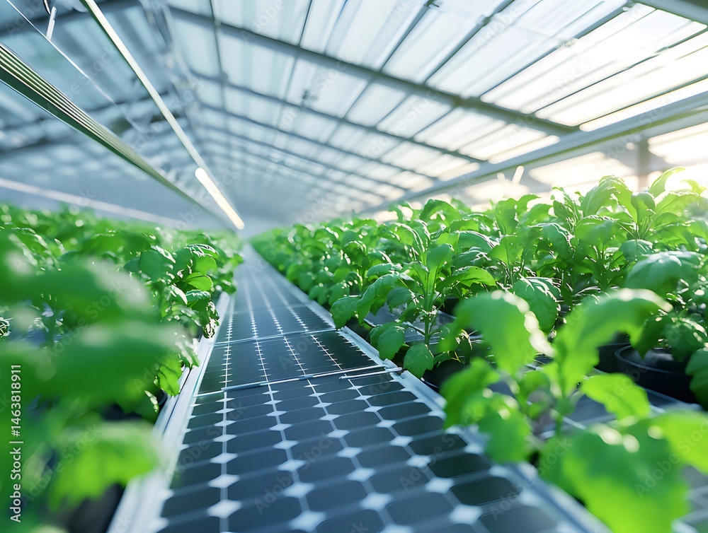 Poster 温室内の太陽光発電パネルと緑の植物の行 近未来的な農業の概念を示しています