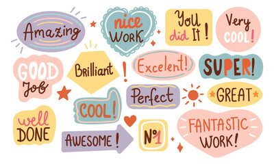 Obraz premium Comic style cute quote colorful speech bubble with positive words. Set of hand drawn memo frame. Cartoon doodle crayon drawing cloud, box, message. Flat vector. Best, Awesome, great, good job, amazing