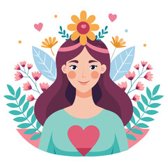 Woman with heart and flower wreath. Self-love, acceptance and care for mental health. Psychology concept. Calm emotion, trust, empathy and hope. Flat vector illustration isolated on white background