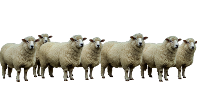 A group of Texel sheep, known for their thick white wool and clean faces, standing side-by-side. Mutton breed flock isolated on a white background.