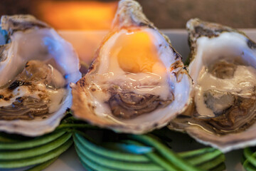 Oysters in half shell on platter with flames