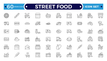 Fast food related line icon set. Street food linear icons. Burger, hotdog and sandwich outline icon. Editable stroke outline icon.
