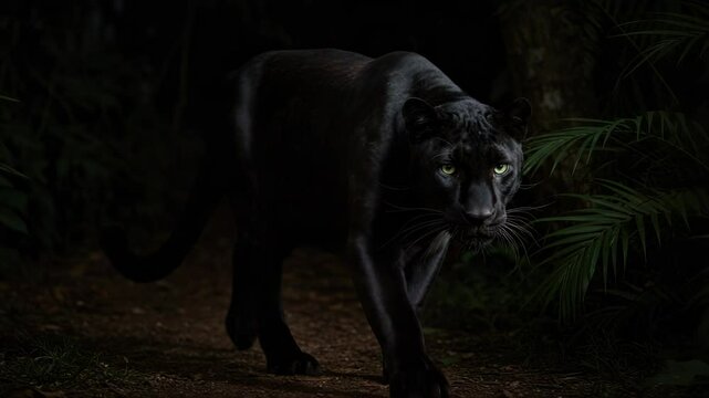 Black panther prowling in dark jungle