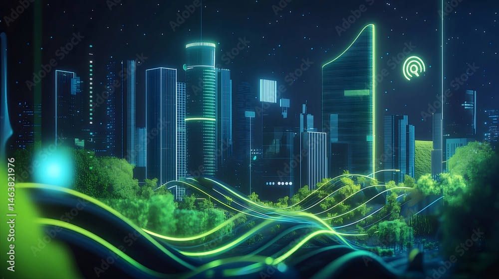 Aufkleber 緑と青の未来的な都市景観 高層ビル 夜の光 環境とテクノロジーの融合