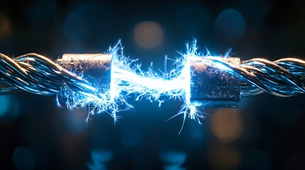 A close-up image of a bright spark like blue electricity arcing between two wires .