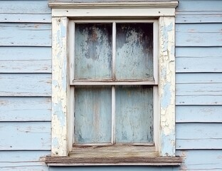 Faded light blue wooden building with weathered window  White trim shows around the window,  and the windowpane is dusty