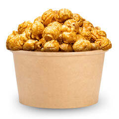 Caramel-coated popcorn in papper bucket Isolate on white background with clipping path.
